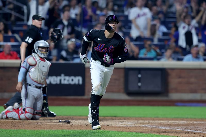 Aug 16, 2024; New York City, New York, USA; New York Mets left fielder Brandon Nimmo (9) rounds the bases after hitting a three run home run against the Miami Marlins during the fourth inning at Citi Field. Mandatory Credit: Brad Penner-USA TODAY Sports