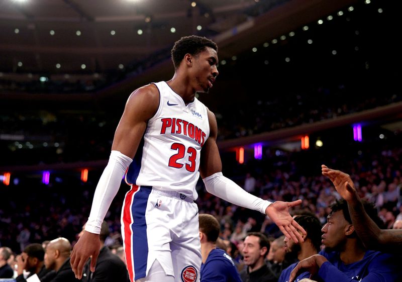 NEW YORK, NEW YORK - FEBRUARY 26: Jaden Ivey #23 of the Detroit Pistons reacts as he heads to the bench during the first half at Madison Square Garden on February 26, 2024 in New York City. NOTE TO USER: User expressly acknowledges and agrees that, by downloading and or using this photograph, User is consenting to the terms and conditions of the Getty Images License Agreement. (Photo by Elsa/Getty Images)