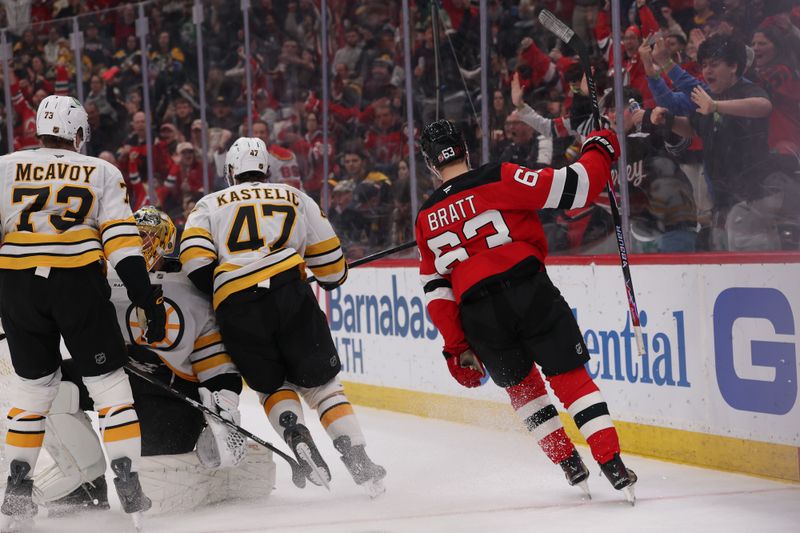 Mar 16, 2026; Newark, New Jersey, USA; New Jersey Devils left wing Jesper Bratt (63) celebrates his goal against the Boston Bruins during the second period at Prudential Center. Mandatory Credit: Ed Mulholland-Imagn Images