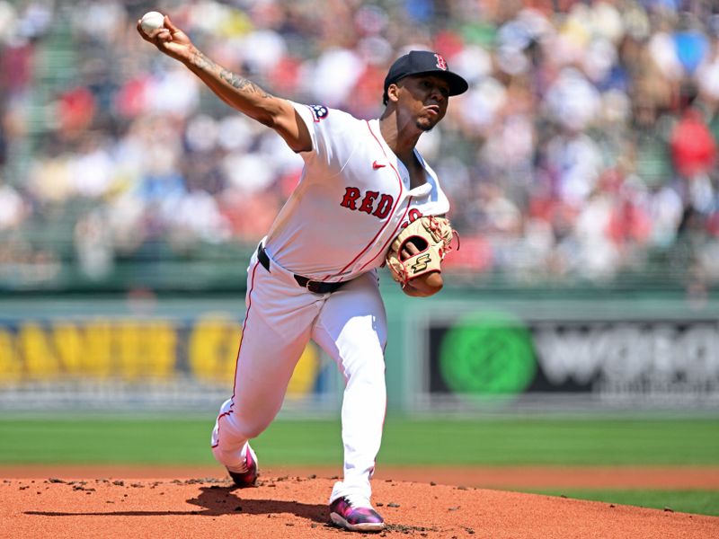 Jul 13, 2025; Boston, Massachusetts, USA; Boston Red Sox pitcher Brayan Bello (66) pitches against the Tampa Bay Rays during the first inning  at Fenway Park. Mandatory Credit: Brian Fluharty-Imagn Images
