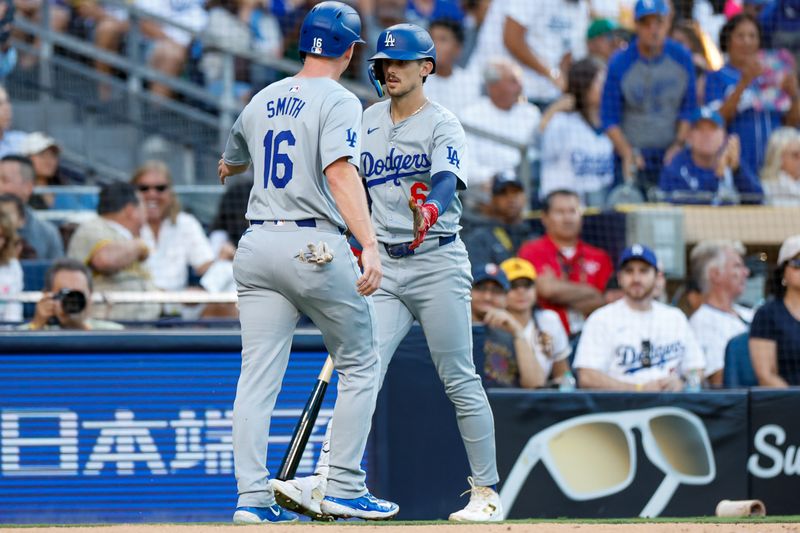 Jul 30, 2024; San Diego, California, USA; Los Angeles Dodgers center fielder Andy Pages (44) celebrates with Los Angeles Dodgers first baseman Cavan Biggio (6) after hitting a two-run single during the first inning against the San Diego Padres at Petco Park. Mandatory Credit: David Frerker-USA TODAY Sports