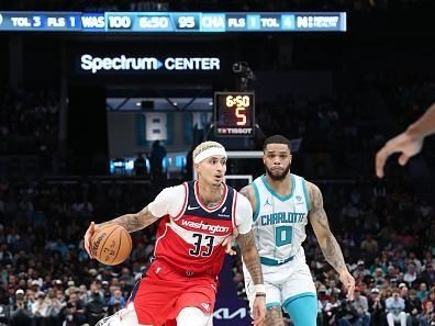 CHARLOTTE, NC - NOVEMBER 22: Kyle Kuzma #33 of the Washington Wizards drives to the basket during the game Charlotte Hornets  on November 22, 2023 at Spectrum Center in Charlotte, North Carolina. NOTE TO USER: User expressly acknowledges and agrees that, by downloading and or using this photograph, User is consenting to the terms and conditions of the Getty Images License Agreement.  Mandatory Copyright Notice:  Copyright 2023 NBAE (Photo by Brock Williams-Smith/NBAE via Getty Images)