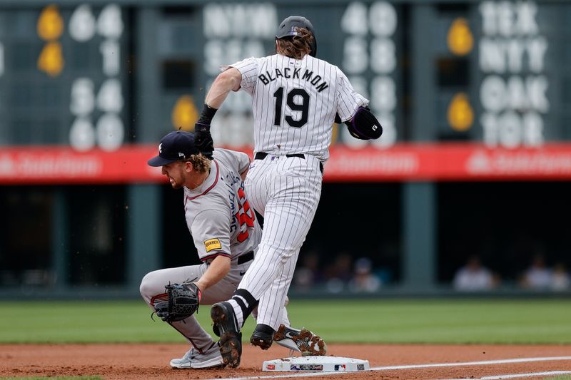 Aug 11, 2024; Denver, Colorado, USA; Atlanta Braves pitcher Spencer Schwellenbach (56) is unable to field a throw as Colorado Rockies outfielder Charlie Blackmon (19) reaches first base in the first inning at Coors Field. Mandatory Credit: Isaiah J. Downing-USA TODAY Sports