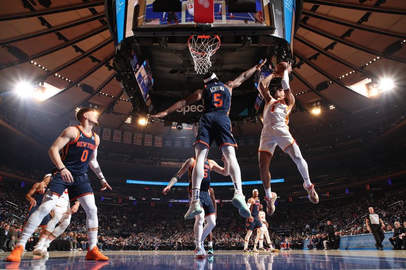 NEW YORK, NY - MARCH 5: Jalen Johnson #1 of the Atlanta Hawks drives to the basket during the game against the New York Knicks on March 5, 2024 at Madison Square Garden in New York City, New York.  NOTE TO USER: User expressly acknowledges and agrees that, by downloading and or using this photograph, User is consenting to the terms and conditions of the Getty Images License Agreement. Mandatory Copyright Notice: Copyright 2024 NBAE  (Photo by Nathaniel S. Butler/NBAE via Getty Images)