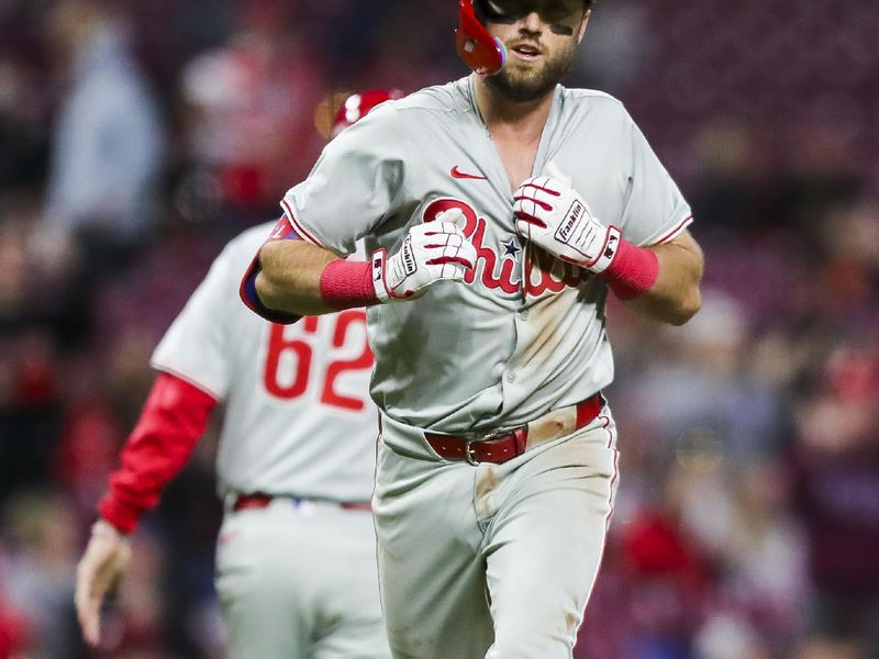 Apr 22, 2024; Cincinnati, Ohio, USA; Philadelphia Phillies first baseman Kody Clemens (2) runs the bases after hitting a three-run home run in the ninth inning against the Cincinnati Reds at Great American Ball Park. Mandatory Credit: Katie Stratman-USA TODAY Sports