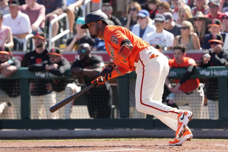Feb 22, 2026; Scottsdale, Arizona, USA; San Francisco Giants infielder Luis Arraez (1) hits against the Chicago Cubs in the first inning at Scottsdale Stadium. Mandatory Credit: Rick Scuteri-Imagn Images