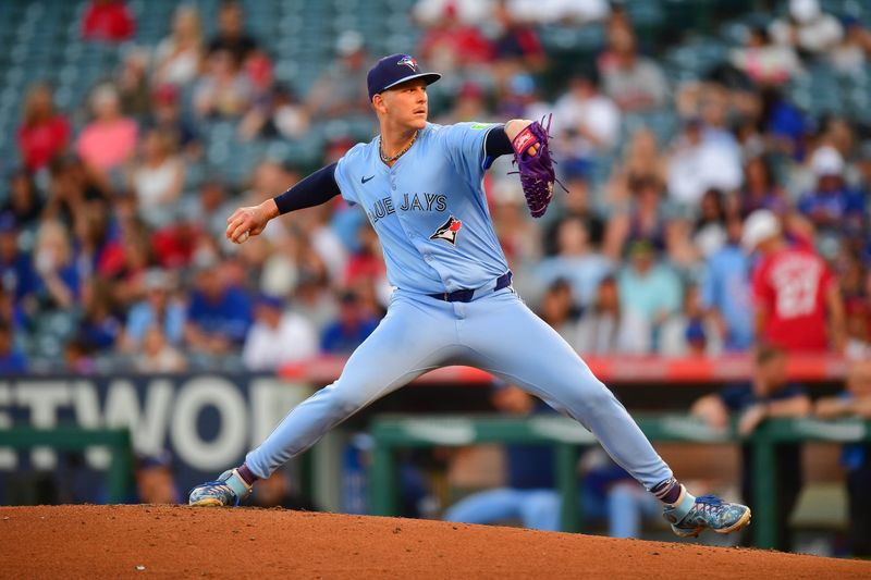 Aug 12, 2024; Anaheim, California, USA; Toronto Blue Jays pitcher Bowden Francis (44) throws against the Los Angeles Angels during the second inning at Angel Stadium. Mandatory Credit: Gary A. Vasquez-USA TODAY Sports