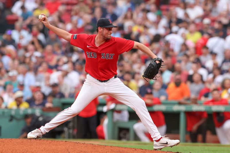 Jul 12, 2024; Boston, Massachusetts, USA; Boston Red Sox starting pitcher Cooper Criswell (64) throws a pitch during the second inning against the Kansas City Royals at Fenway Park. Mandatory Credit: Paul Rutherford-USA TODAY Sports