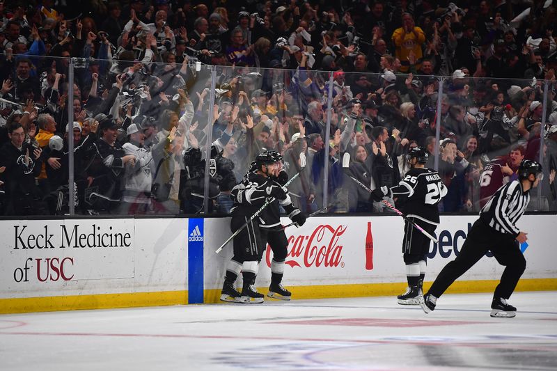 Apr 29, 2023; Los Angeles, California, USA; Los Angeles Kings celebrate the goal scored by defenseman Sean Durzi (50) against the Edmonton Oilers during the first period in game six of the first round of the 2023 Stanley Cup Playoffs at Crypto.com Arena. Mandatory Credit: Gary A. Vasquez-USA TODAY Sports