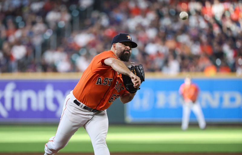 Apr 30, 2023; Houston, Texas, USA; Houston Astros starting pitcher Jose Urquidy (65) delivers a pitch during the second inning against the Philadelphia Phillies at Minute Maid Park. Mandatory Credit: Troy Taormina-USA TODAY Sports