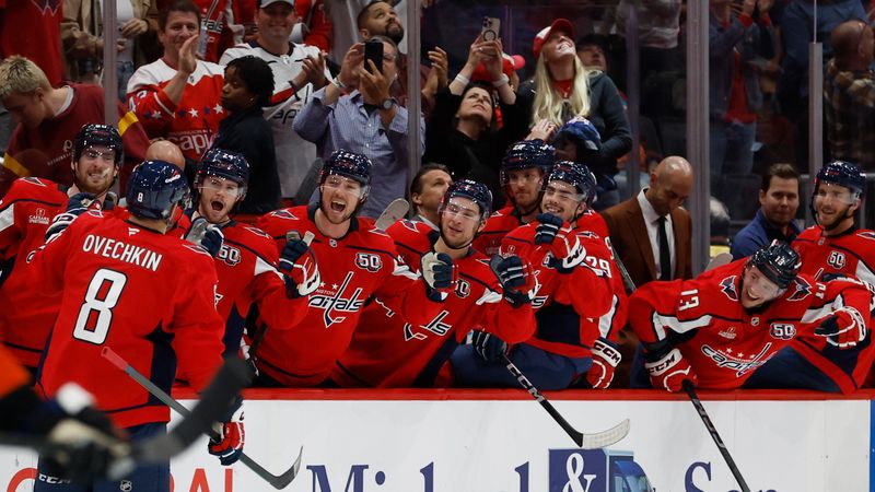 Oct 23, 2024; Washington, District of Columbia, USA; Washington Capitals left wing Alex Ovechkin (8) celebrates with teammates after scoring an empty net goal against the Philadelphia Flyers in the third period goal at Capital One Arena. Mandatory Credit: Geoff Burke-Imagn Images