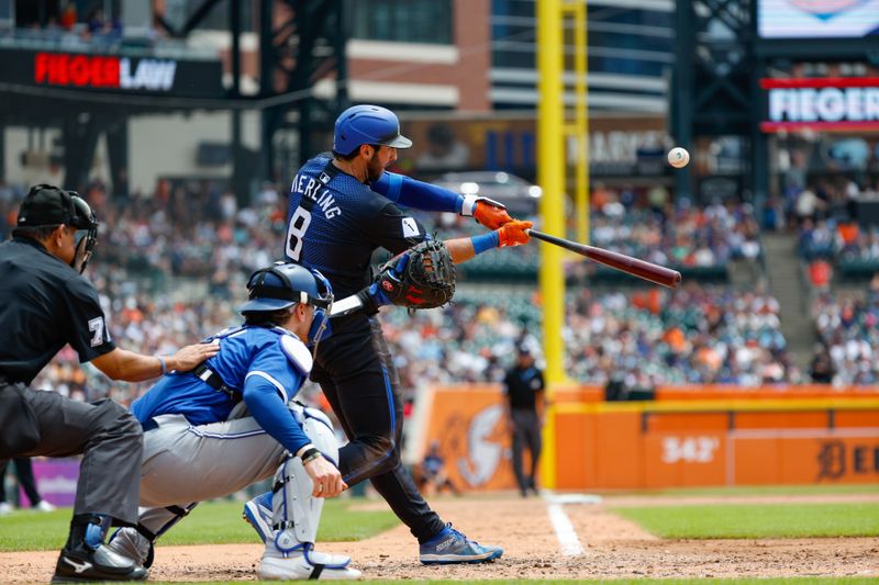 May 26, 2024; Detroit, Michigan, USA; Detroit Tigers third baseman Matt Vierling (8) hits during an at bat in the fourth inning of the game against the Toronto Blue Jays at Comerica Park. Mandatory Credit: Brian Bradshaw Sevald-USA TODAY Sports