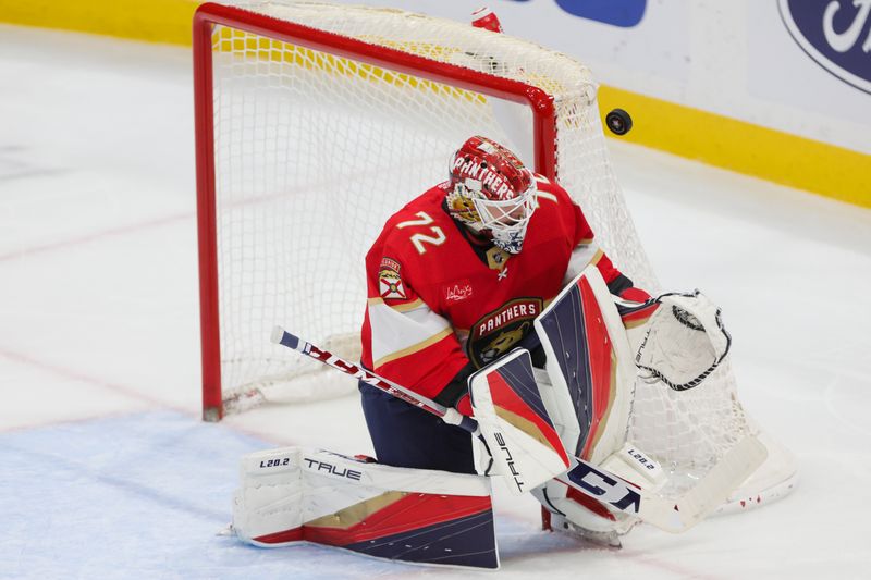 Dec 8, 2023; Sunrise, Florida, USA; Florida Panthers goaltender Sergei Bobrovsky (72) makes a save against the Pittsburgh Penguins during the third period at Amerant Bank Arena. Mandatory Credit: Sam Navarro-USA TODAY Sports