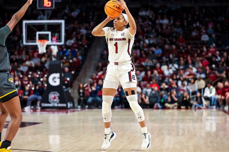 Jan 15, 2023; Columbia, South Carolina, USA; South Carolina Gamecocks guard Zia Cooke (1) shoots a three point shot against the Missouri Tigers in the first half at Colonial Life Arena. Mandatory Credit: Jeff Blake-USA TODAY Sports