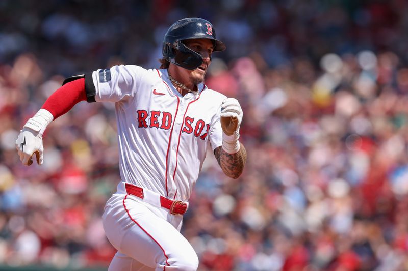 Jun 5, 2024; Boston, Massachusetts, USA; Boston Red Sox left fielder Jarren Duran (16) runs to third during the fifth inning against the Atlanta Braves at Fenway Park. Mandatory Credit: Paul Rutherford-USA TODAY Sports