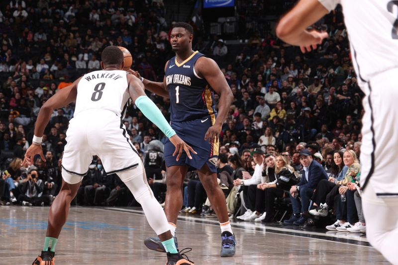 BROOKLYN, NY - MARCH 19: Zion Williamson #1 of the New Orleans Pelicans dribbles the ball during the game against the Brooklyn Nets on March 19, 2024 at Barclays Center in Brooklyn, New York. NOTE TO USER: User expressly acknowledges and agrees that, by downloading and or using this Photograph, user is consenting to the terms and conditions of the Getty Images License Agreement. Mandatory Copyright Notice: Copyright 2024 NBAE (Photo by Nathaniel S. Butler/NBAE via Getty Images)