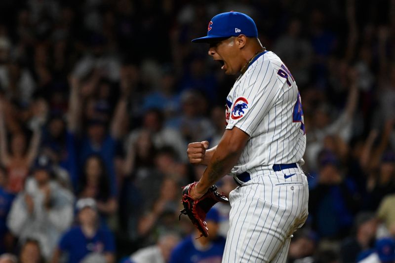 Jul 19, 2023; Chicago, Illinois, USA;  Chicago Cubs relief pitcher Daniel Palencia (48) reacts at the end of the game against the Washington Nationals at Wrigley Field. Mandatory Credit: Matt Marton-USA TODAY Sports