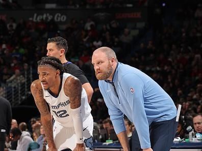 NEW ORLEANS, LA - DECEMBER 19: Ja Morant #12 of the Memphis Grizzlies and Head Coach Taylor Jenkins of the Memphis Grizzlies look on during the gameagainst the New Orleans Pelicans on December 19, 2023 at the Smoothie King Center in New Orleans, Louisiana. NOTE TO USER: User expressly acknowledges and agrees that, by downloading and or using this Photograph, user is consenting to the terms and conditions of the Getty Images License Agreement. Mandatory Copyright Notice: Copyright 2023 NBAE (Photo by Jonathan Bachman/NBAE via Getty Images)