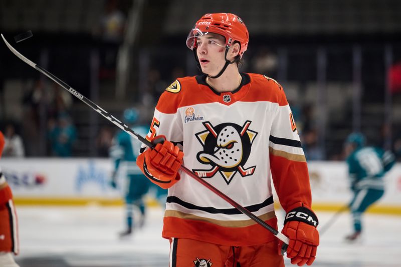 Oct 1, 2025; San Jose, California, USA; Anaheim Ducks right wing Beckett Sennecke (45) juggles a puck with his hockey stick during warmups before a preseason game against the San Jose Sharks at SAP Center at San Jose. Mandatory Credit: Robert Edwards-Imagn Images