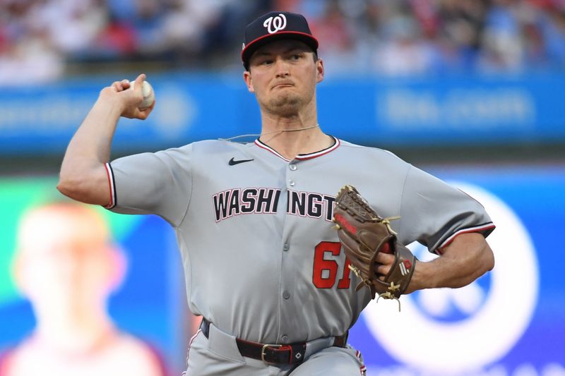 May 1, 2025; Philadelphia, Pennsylvania, USA; Washington Nationals pitcher Brad Lord (61) throws a pitch during the first inning against the Philadelphia Phillies at Citizens Bank Park. Mandatory Credit: Eric Hartline-Imagn Images