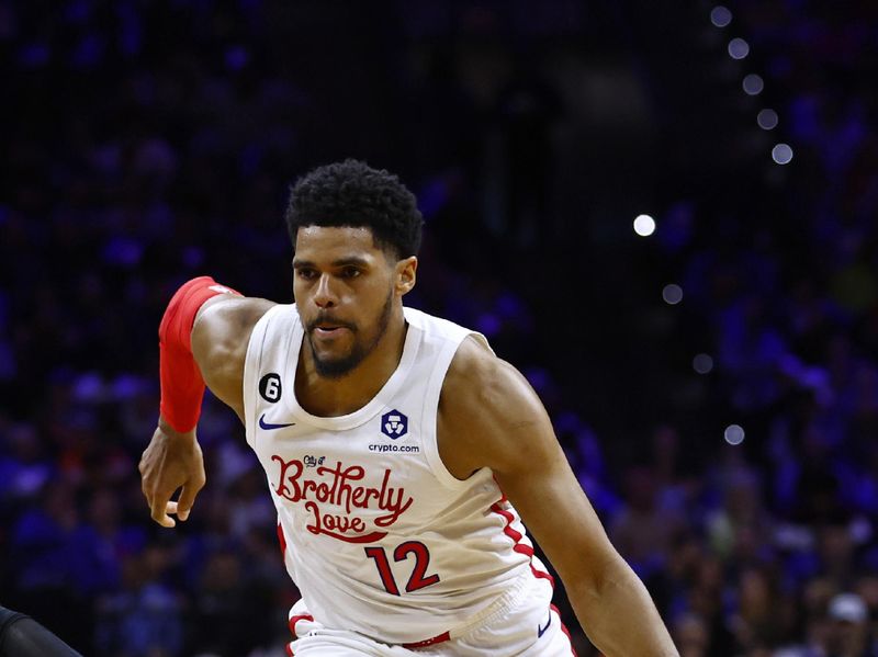 PHILADELPHIA, PA - APRIL 06: Tobias Harris #12 of the Philadelphia 76ers in action against the Miami Heat during a game at Wells Fargo Center on April 6, 2023 in Philadelphia, Pennsylvania. The Heat defeated the 76ers 129-101. NOTE TO USER: User expressly acknowledges and agrees that, by downloading and or using this photograph, User is consenting to the terms and conditions of the Getty Images License Agreement. (Photo by Rich Schultz/Getty Images)