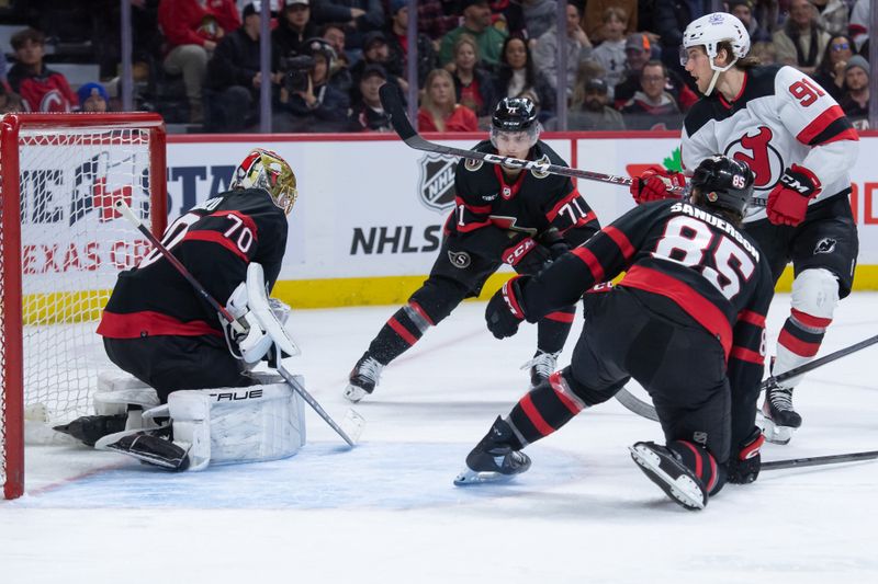 Dec 29, 2023; Ottawa, Ontario, CAN; New Jersey Devils center Dawson Mercer (91) shoots on Ottawa Senators goalie Joonas Korpisalo (70) in the second period at the Canadian Tire Centre. Mandatory Credit: Marc DesRosiers-USA TODAY Sports