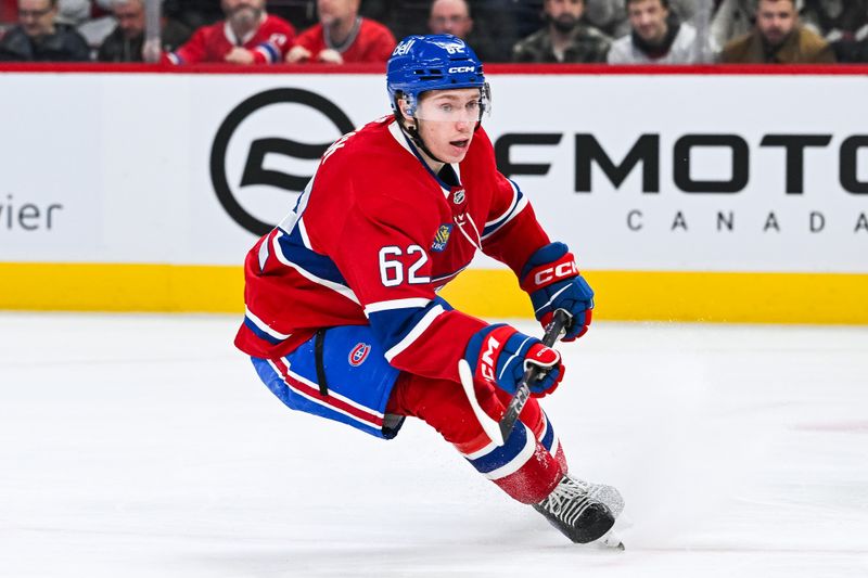 Jan 21, 2025; Montreal, Quebec, CAN; Montreal Canadiens center Owen Beck (62) skates against the Tampa Bay Lightning during the first period at Bell Centre. Mandatory Credit: David Kirouac-Imagn Images