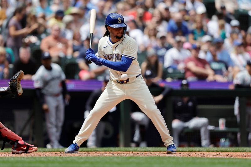 Jun 30, 2024; Seattle, Washington, USA; Seattle Mariners starting pitcher Luis Castillo (58) at bat during the fourth inning against the Minnesota Twins at T-Mobile Park. Mandatory Credit: John Froschauer-USA TODAY Sports