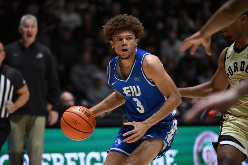 Nov 28, 2025; West Lafayette, Indiana, USA; Eastern Illinois Panthers guard Meechie White (3) drives the ball down court during the first half against the Purdue Boilermakers at Mackey Arena. Mandatory Credit: Marc Lebryk-Imagn Images