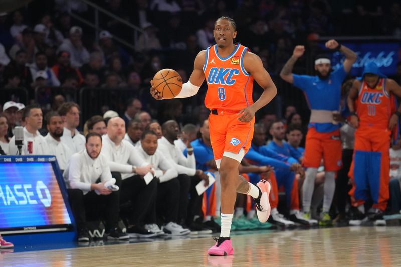 NEW YORK, NY - MARCH 31: Jalen Williams #8 of the Oklahoma City Thunder dribbles the ball during the game against the New York Knicks on March 31, 2024 at Madison Square Garden in New York City, New York.  NOTE TO USER: User expressly acknowledges and agrees that, by downloading and or using this photograph, User is consenting to the terms and conditions of the Getty Images License Agreement. Mandatory Copyright Notice: Copyright 2024 NBAE  (Photo by Jesse D. Garrabrant/NBAE via Getty Images)