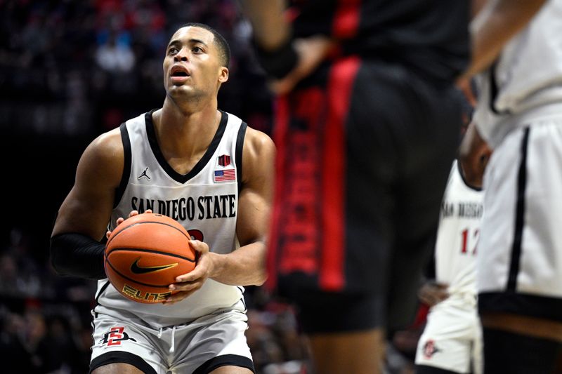 Jan 6, 2024; San Diego, California, USA; San Diego State Aztecs forward Jaedon LeDee (13) shoots a free throw during the second half against the UNLV Rebels at Viejas Arena. Mandatory Credit: Orlando Ramirez-USA TODAY Sports