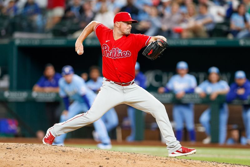 Apr 2, 2023; Arlington, Texas, USA; Philadelphia Phillies relief pitcher Andrew Bellatti (64) pitches during the 6th inning against the Texas Rangers at Globe Life Field. Mandatory Credit: Andrew Dieb-USA TODAY Sports