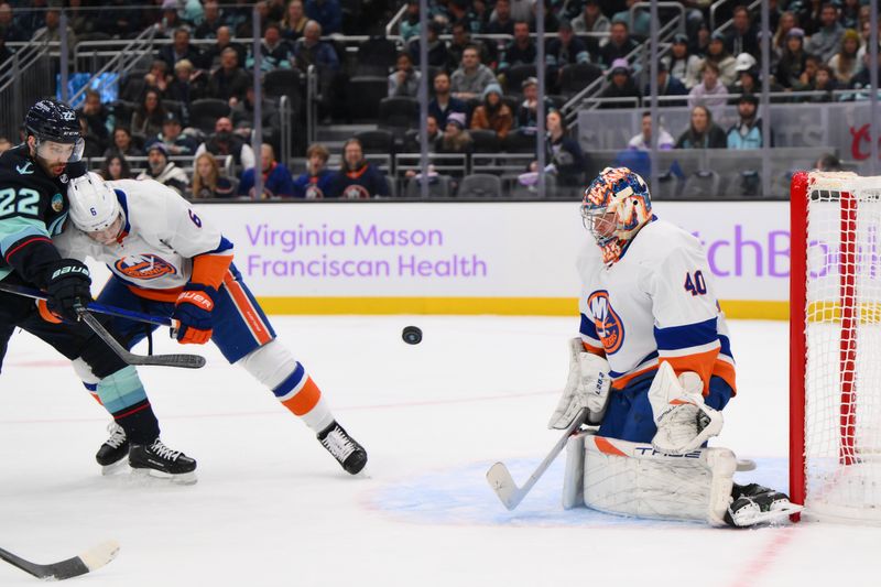 Nov 16, 2023; Seattle, Washington, USA; New York Islanders goaltender Semyon Varlamov (40) blocks a goal shot against the Seattle Kraken during the first period at Climate Pledge Arena. Mandatory Credit: Steven Bisig-USA TODAY Sports