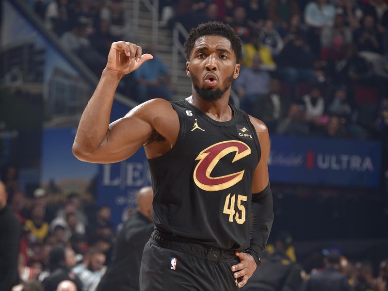 CLEVELAND, OH - DECEMBER 6: Donovan Mitchell #45 of the Cleveland Cavaliers looks on during the game against the Los Angeles Lakers on December 6, 2022 at Rocket Mortgage FieldHouse in Cleveland, Ohio. NOTE TO USER: User expressly acknowledges and agrees that, by downloading and/or using this Photograph, user is consenting to the terms and conditions of the Getty Images License Agreement. Mandatory Copyright Notice: Copyright 2022 NBAE (Photo by David Liam Kyle/NBAE via Getty Images)