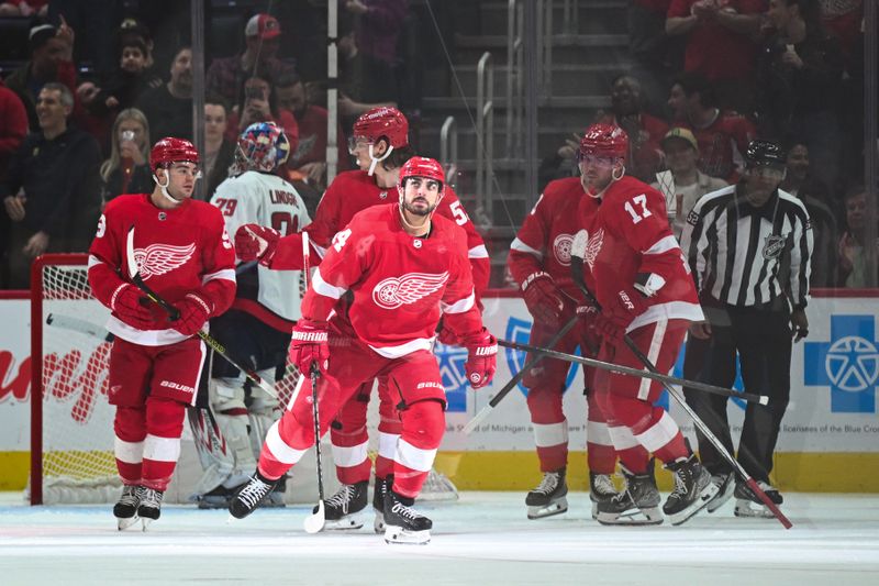 Feb 27, 2024; Detroit, Michigan, USA; Detroit Red Wings center Robby Fabbri (14) celebrates his goal during the third period against the Washington Capitals at Little Caesars Arena. Mandatory Credit: Tim Fuller-USA TODAY Sports