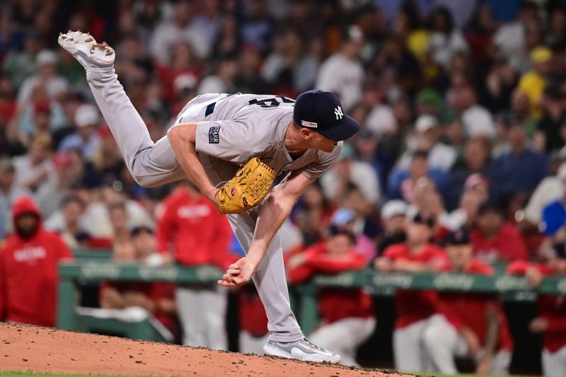 Jun 14, 2024; Boston, Massachusetts, USA; New York Yankees pitcher Caleb Ferguson (64) pitches against the Boston Red Sox during the sixth inning at Fenway Park. Mandatory Credit: Eric Canha-USA TODAY Sports