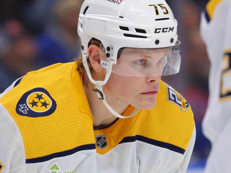 Dec 3, 2023; Buffalo, New York, USA;  Nashville Predators center Juuso Parssinen (75) waits for the face-off during the second period against the Buffalo Sabres at KeyBank Center. Mandatory Credit: Timothy T. Ludwig-USA TODAY Sports