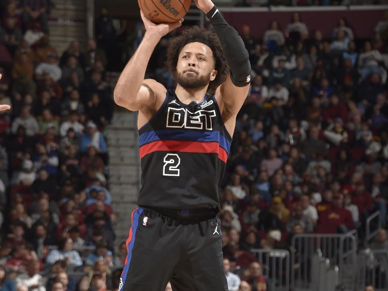 CLEVELAND, OH - JANUARY 27: Cade Cunningham #2 of the Detroit Pistons shoots a three point basket during the game against the Cleveland Cavaliers on January 27, 2025 at Rocket Mortgage FieldHouse in Cleveland, Ohio. NOTE TO USER: User expressly acknowledges and agrees that, by downloading and/or using this Photograph, user is consenting to the terms and conditions of the Getty Images License Agreement. Mandatory Copyright Notice: Copyright 2025 NBAE (Photo by David Liam Kyle/NBAE via Getty Images)