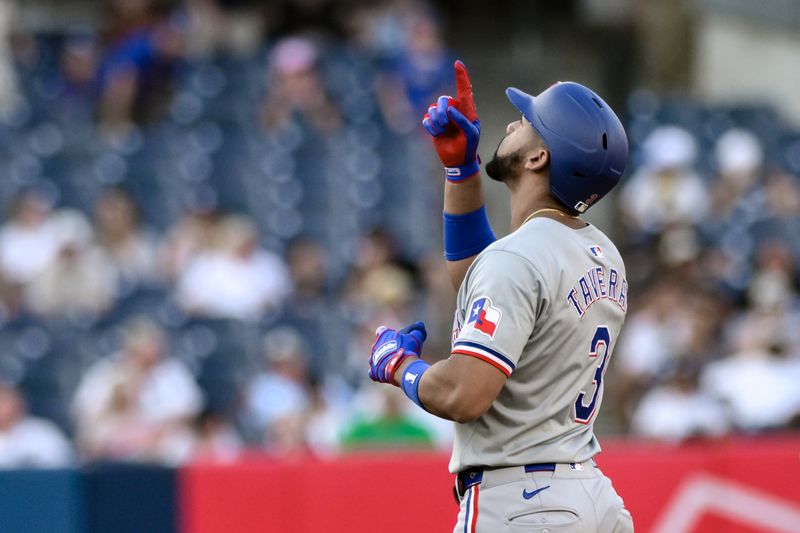 Aug 10, 2024; Bronx, New York, USA; Texas Rangers outfielder Leody Taveras (3) reacts after hitting a two RBI double against the New York Yankees during the seventh inning at Yankee Stadium. Mandatory Credit: John Jones-USA TODAY Sports