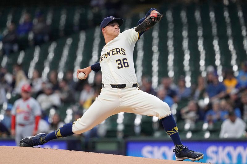 May 9, 2024; Milwaukee, Wisconsin, USA;  Milwaukee Brewers pitcher Tobias Myers (36) throws a pitch during the first inning against the St. Louis Cardinals at American Family Field. Mandatory Credit: Jeff Hanisch-USA TODAY Sports