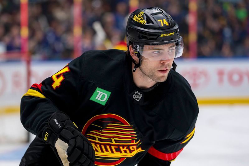 Oct 30, 2024; Vancouver, British Columbia, CAN; Vancouver Canucks forward Jake DeBrusk (74) skates during warm up prior to a game against the New Jersey Devils at Rogers Arena. Mandatory Credit: Bob Frid-Imagn Images