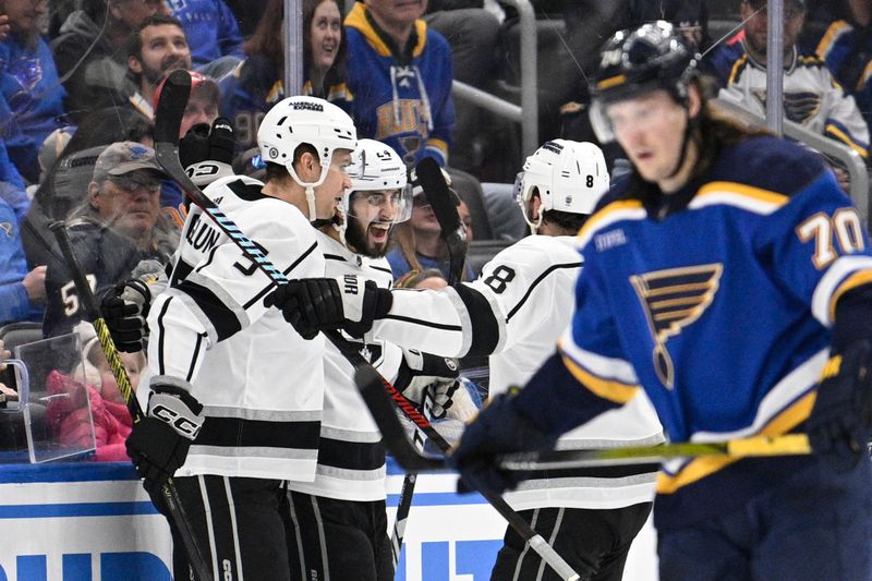 Jan 28, 2024; St. Louis, Missouri, USA; Los Angeles Kings center Phillip Danault (24) reacts after scoring a goal against the St. Louis Blues during the second period at Enterprise Center. Mandatory Credit: Jeff Le-USA TODAY Sports