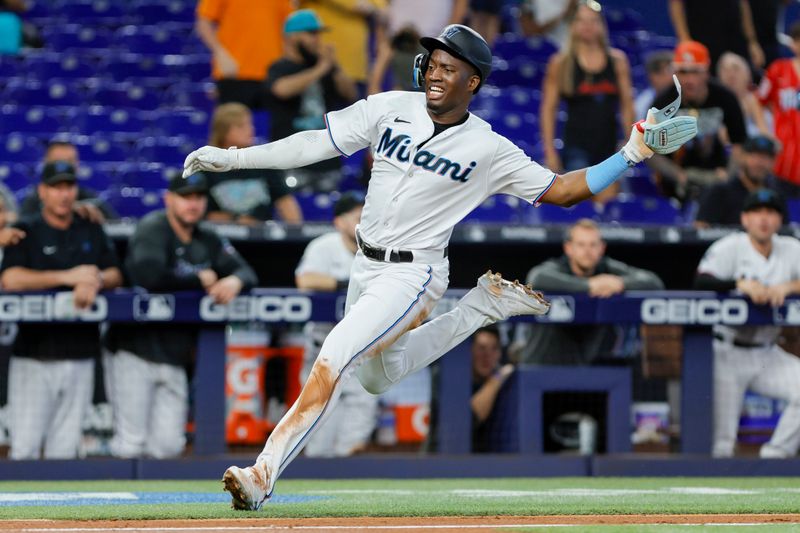 Jun 21, 2023; Miami, Florida, USA; Miami Marlins right fielder Jesus Sanchez (7) runs toward home plate after a two-run double from first baseman Garrett Cooper (not pictured) against the Toronto Blue Jays during the fourth inning at loanDepot Park. Mandatory Credit: Sam Navarro-USA TODAY Sports