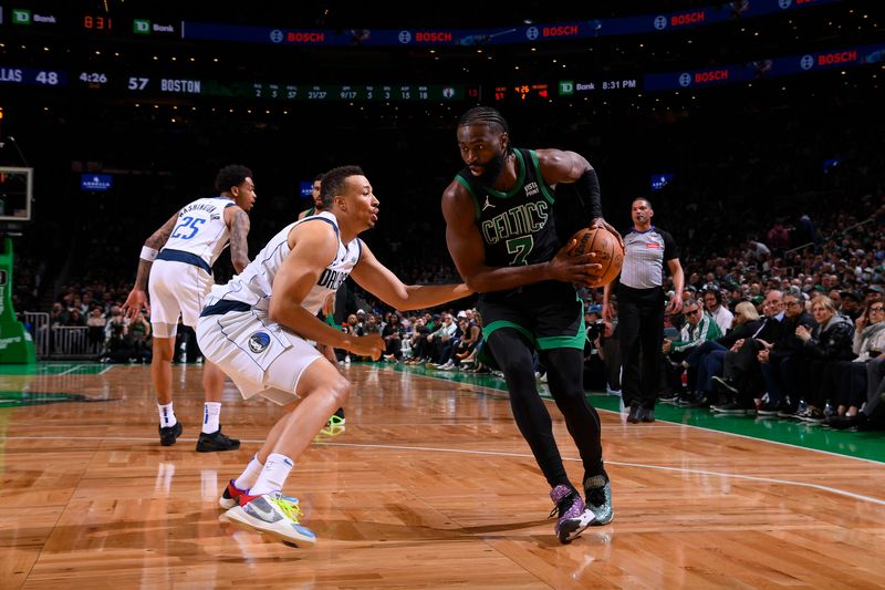 BOSTON, MA - MARCH 1: Jaylen Brown #7 of the Boston Celtics dribbles the ball during the game against the Dallas Mavericks on March 1, 2024 at the TD Garden in Boston, Massachusetts. NOTE TO USER: User expressly acknowledges and agrees that, by downloading and or using this photograph, User is consenting to the terms and conditions of the Getty Images License Agreement. Mandatory Copyright Notice: Copyright 2024 NBAE  (Photo by Brian Babineau/NBAE via Getty Images)