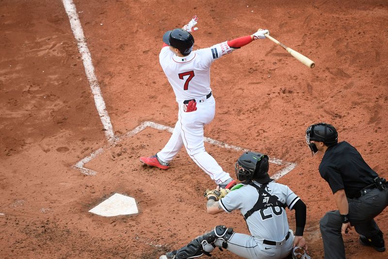 Sep 24, 2023; Boston, Massachusetts, USA;  Boston Red Sox designated hitter Masataka Yoshida (7) hits a double during the fourth inning against the Chicago White Sox at Fenway Park. Mandatory Credit: Bob DeChiara-USA TODAY Sports