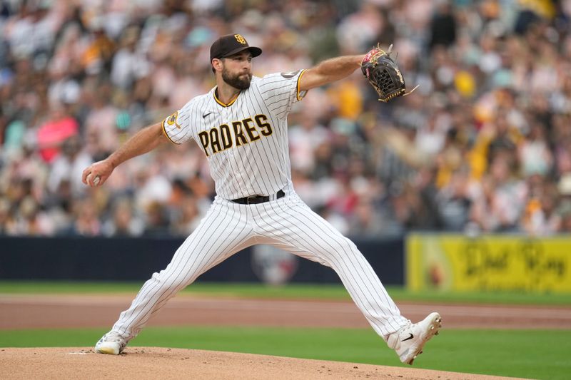 Jun 14, 2023; San Diego, California, USA;  San Diego Padres starting pitcher Michael Wacha (52) throws a pitch against the Cleveland Guardians during the first inning at Petco Park. Mandatory Credit: Ray Acevedo-USA TODAY Sports