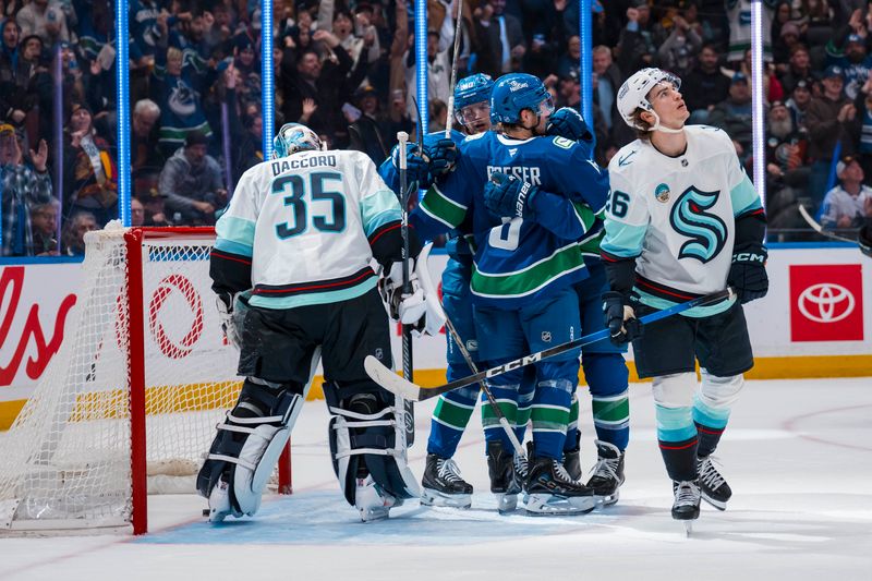 Jan 2, 2026; Vancouver, British Columbia, CAN; Seattle Kraken forward Ryan Winterton (26) reacts as Vancouver Canucks forward Elias Pettersson (40) and forward Brock Boeser (6) and forward Jake DeBrusk (74) celebrate DeBrusk’s goal scored on goalie Joey Daccord (35) in the second period at Rogers Arena. Mandatory Credit: Bob Frid-Imagn Images