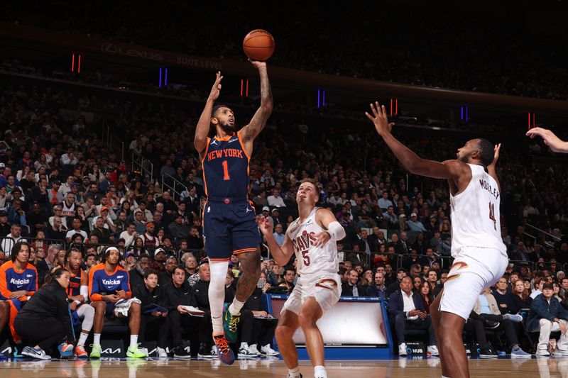 NEW YORK, NY - OCTOBER 28: Cameron Payne #1 of the New York Knicks shoots the ball during the game against the Cleveland Cavaliers on October 28, 2024 at Madison Square Garden in New York City, New York.  NOTE TO USER: User expressly acknowledges and agrees that, by downloading and or using this photograph, User is consenting to the terms and conditions of the Getty Images License Agreement. Mandatory Copyright Notice: Copyright 2024 NBAE  (Photo by Nathaniel S. Butler/NBAE via Getty Images)