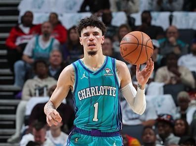 CHARLOTTE, NC - OCTOBER 25: LaMelo Ball #1 of the Charlotte Hornets dribbles the ball during the game against the Atlanta Hawks on October 25, 2023 at Spectrum Center in Charlotte, North Carolina. NOTE TO USER: User expressly acknowledges and agrees that, by downloading and or using this photograph, User is consenting to the terms and conditions of the Getty Images License Agreement. Mandatory Copyright Notice: Copyright 2023 NBAE (Photo by Kent Smith/NBAE via Getty Images)