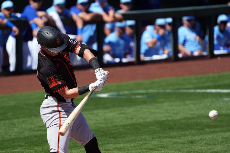 Mar 11, 2024; Surprise, Arizona, USA; San Francisco Giants center fielder Tyler Fitzgerald (49) bats against the Kansas City Royals during the first inning at Surprise Stadium. Mandatory Credit: Joe Camporeale-USA TODAY Sports